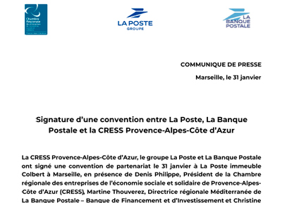 Signature d’une convention entre La Poste, La Banque Postale et la CRESS Provence-Alpes-Côte d’Azur