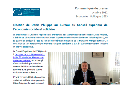 Communiqué : élection de Denis Philippe au Bureau du Conseil supérieur de l’économie sociale et solidaire 