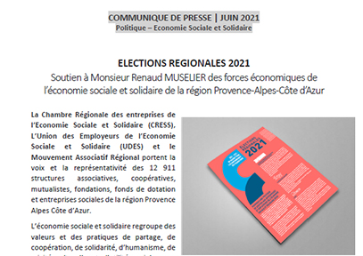 Elections régionales : soutien à Monsieur Renaud MUSELIER des forces économiques de l’économie sociale et solidaire de la région Provence-Alpes-Côte d’Azur 