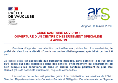 Crise sanitaire covid 19 | Ouverture d'un centre d'hébergement spécialisé à Avignon