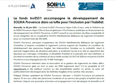 Le fonds InvESS’t accompagne le développement de SOLIHA Provence dans sa lutte pour l’inclusion par l’habitat
